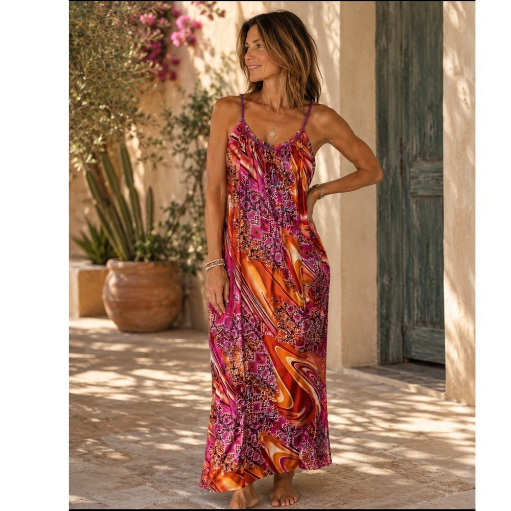 Natori Maxi Dress S Pink‎ Orange Abstract Braided Strap Boho Psychedelic Resort